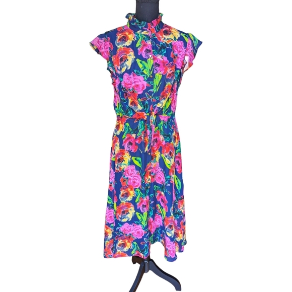 Julia Jordan Navy Floral Print Fit & Flare Dress Size 8 - Picture 3 of 16